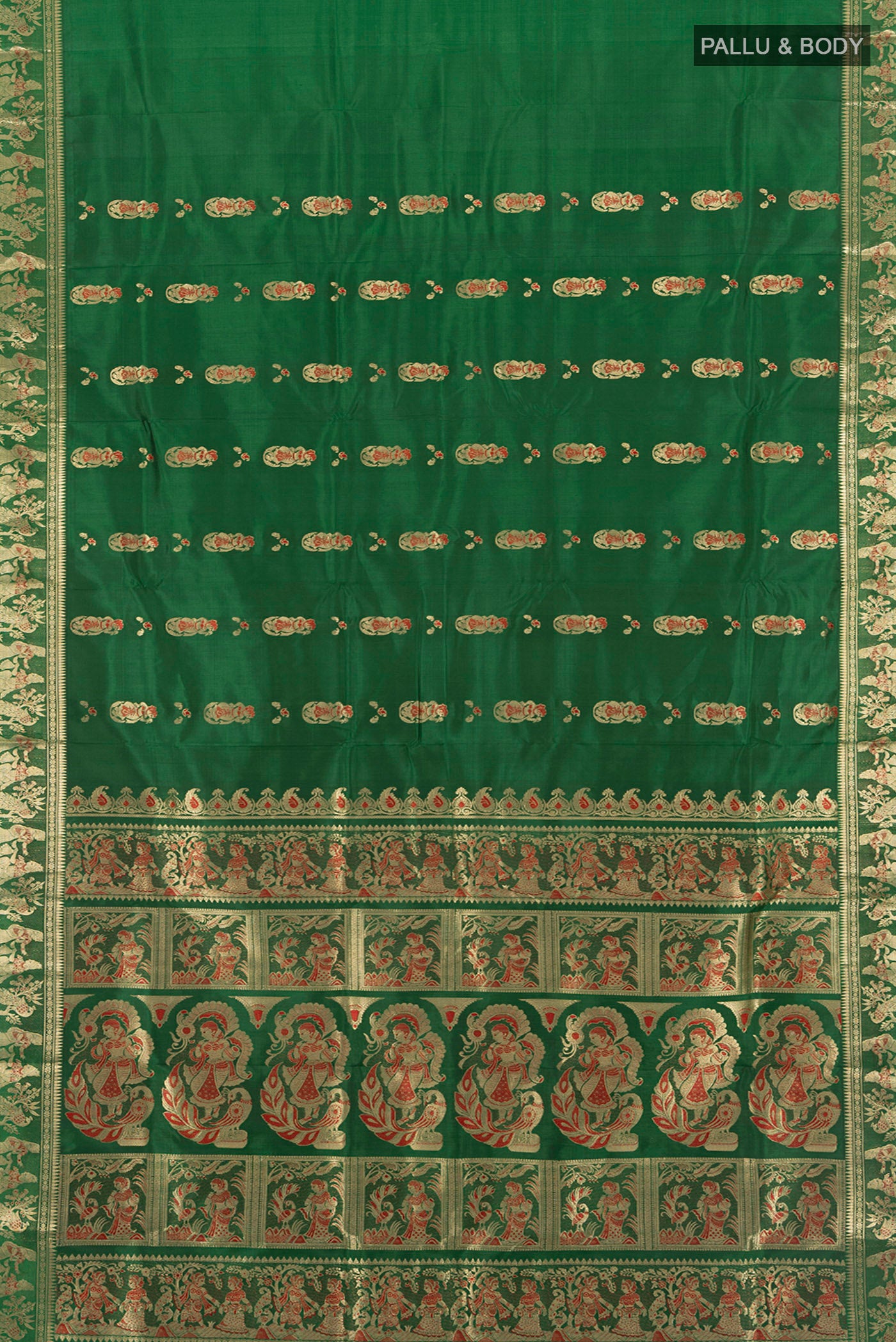 Flat view of Green Baluchari Silk Saree with Zari And Thread Butta on the body and Zari Border. 