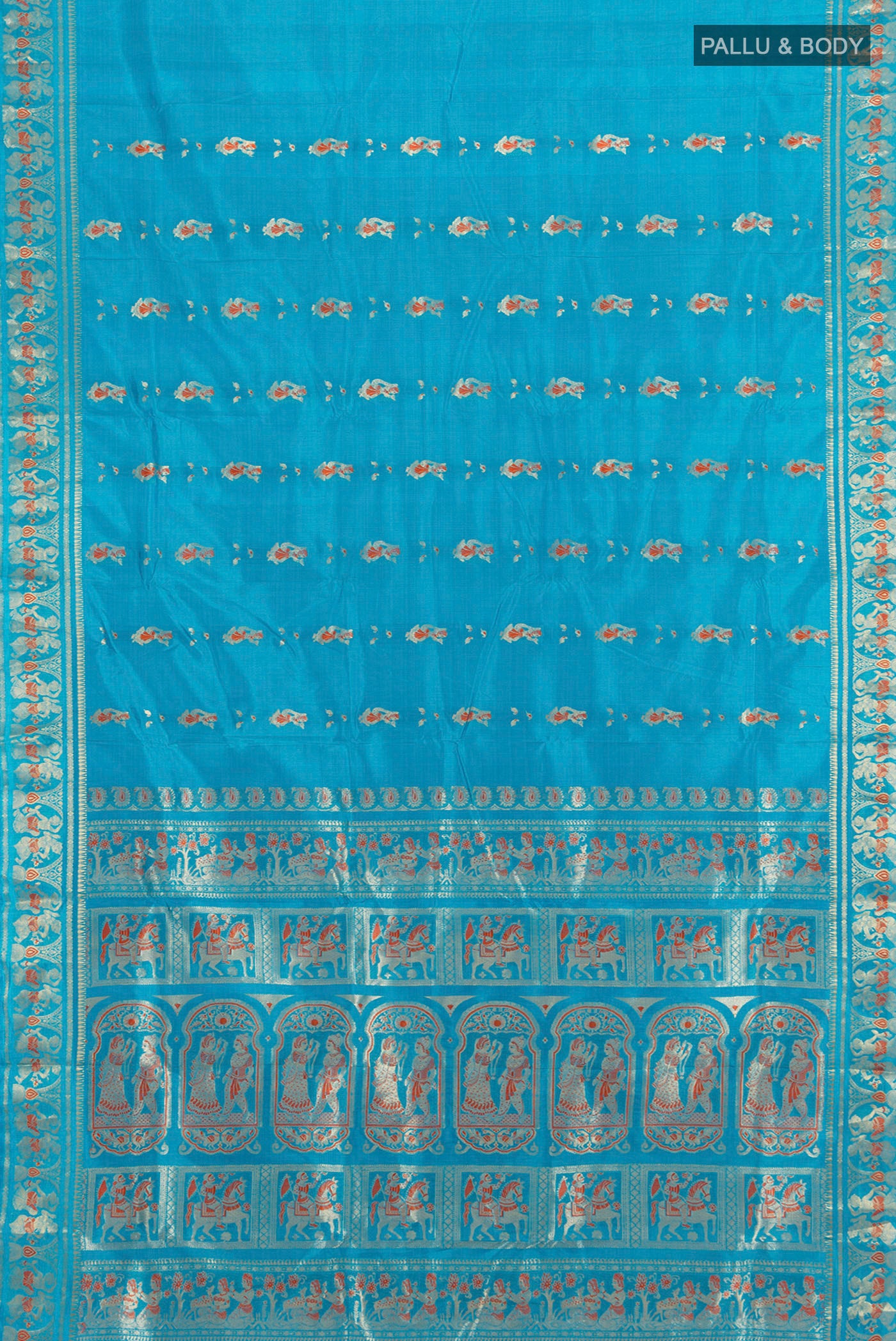 Flat view of Blue Baluchari Silk Saree with Zari And Thread Butta on the body and Zari Border. 