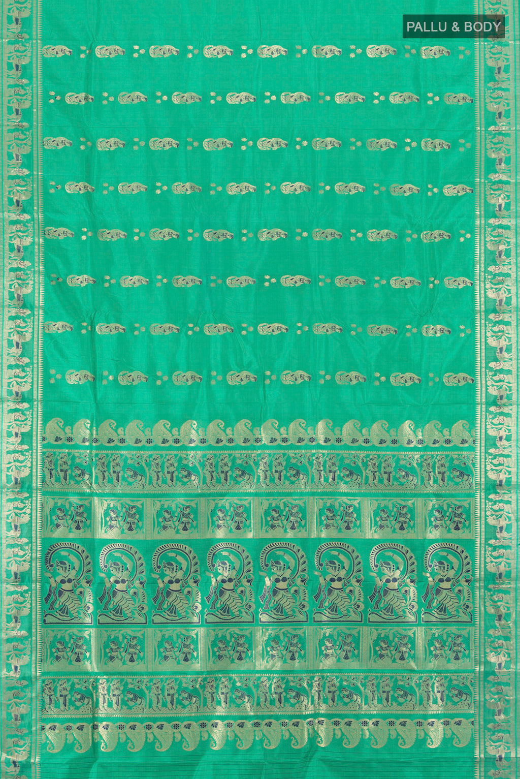 Flat view of Light Green Baluchari Silk Saree with Zari Butta on the body and Silk Border. 