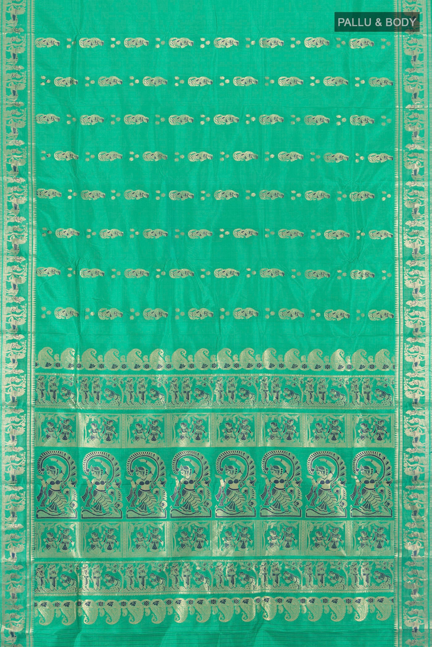 Flat view of Light Green Baluchari Silk Saree with Zari Butta on the body and Silk Border. 
