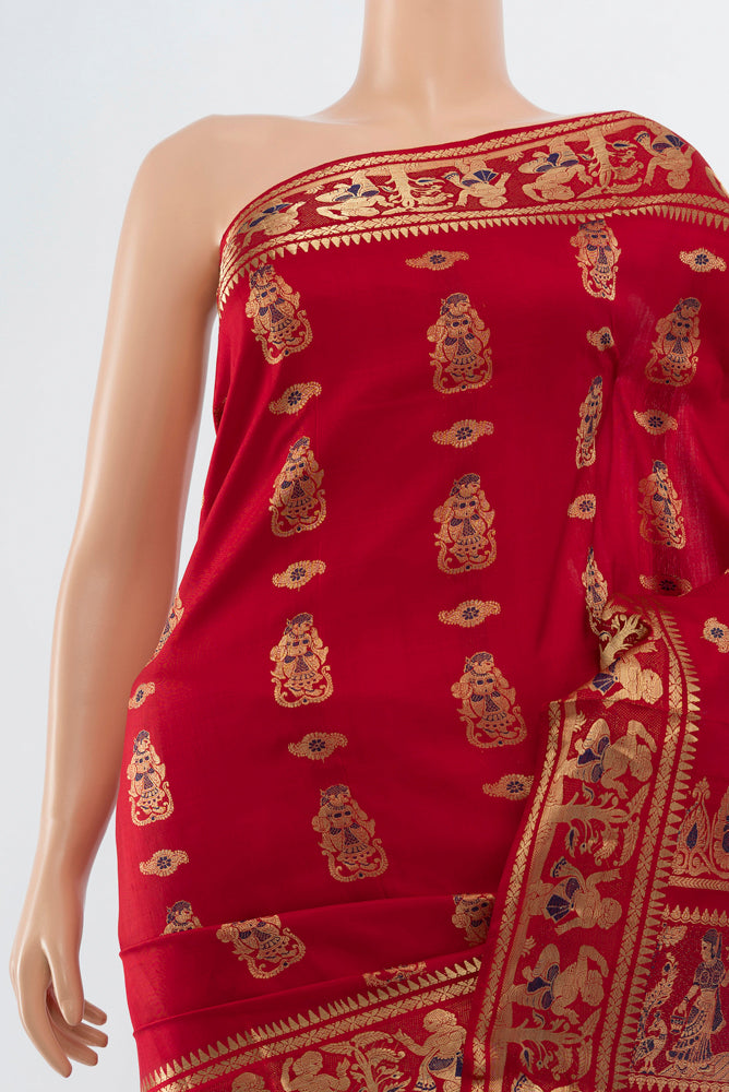 Border image of Red Baluchari Silk Saree with Zari Butta on the body and Silk Border. 