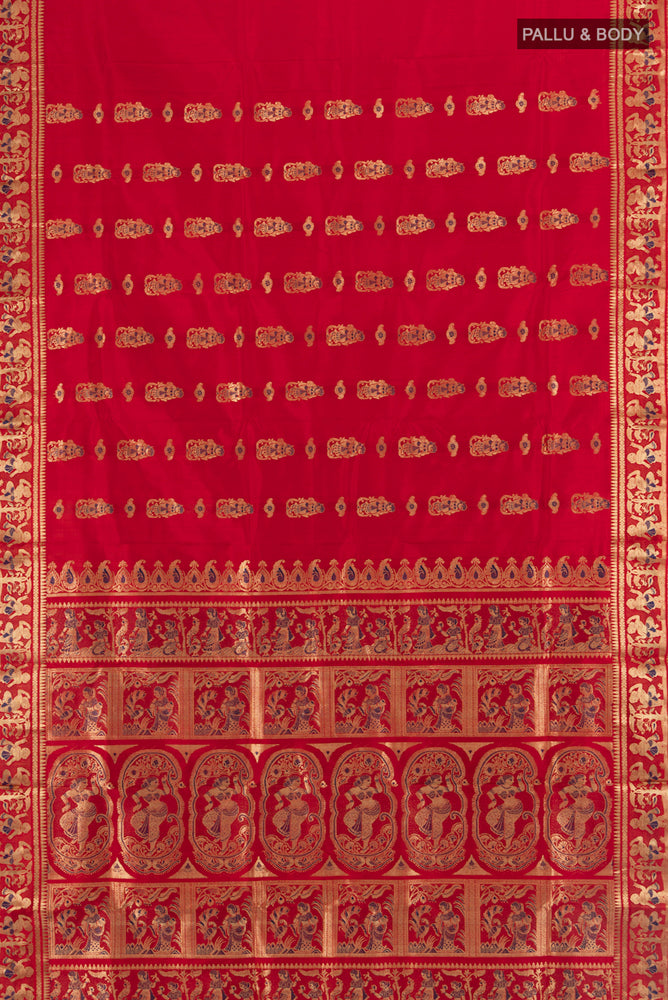 Flat view of Red Baluchari Silk Saree with Zari Butta on the body and Silk Border. 