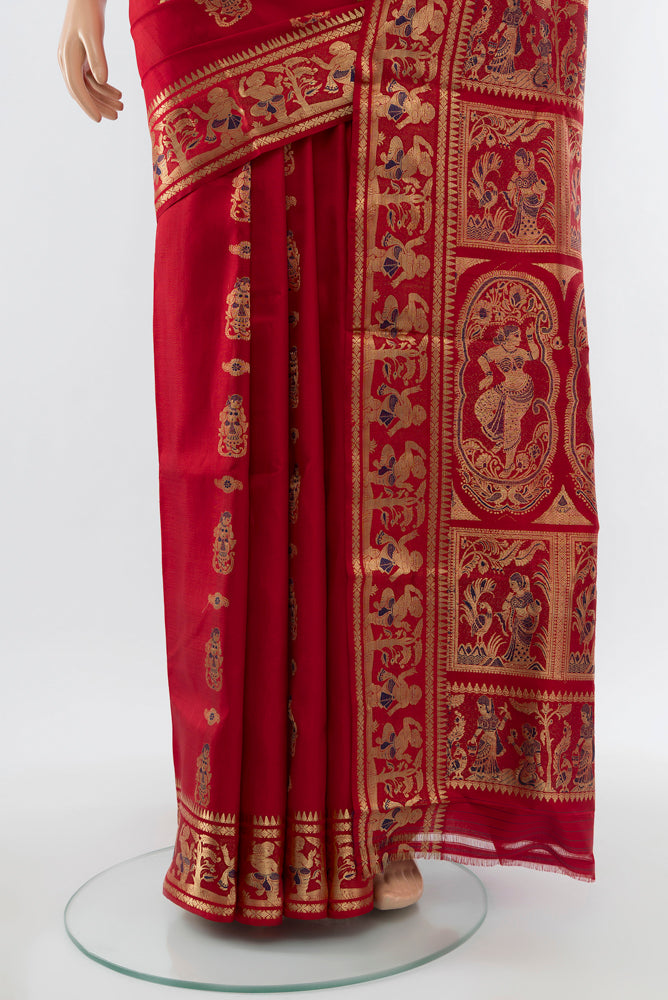 Pleats and pallu of Red Baluchari Silk Saree with Zari Butta on the body and Silk Border. 