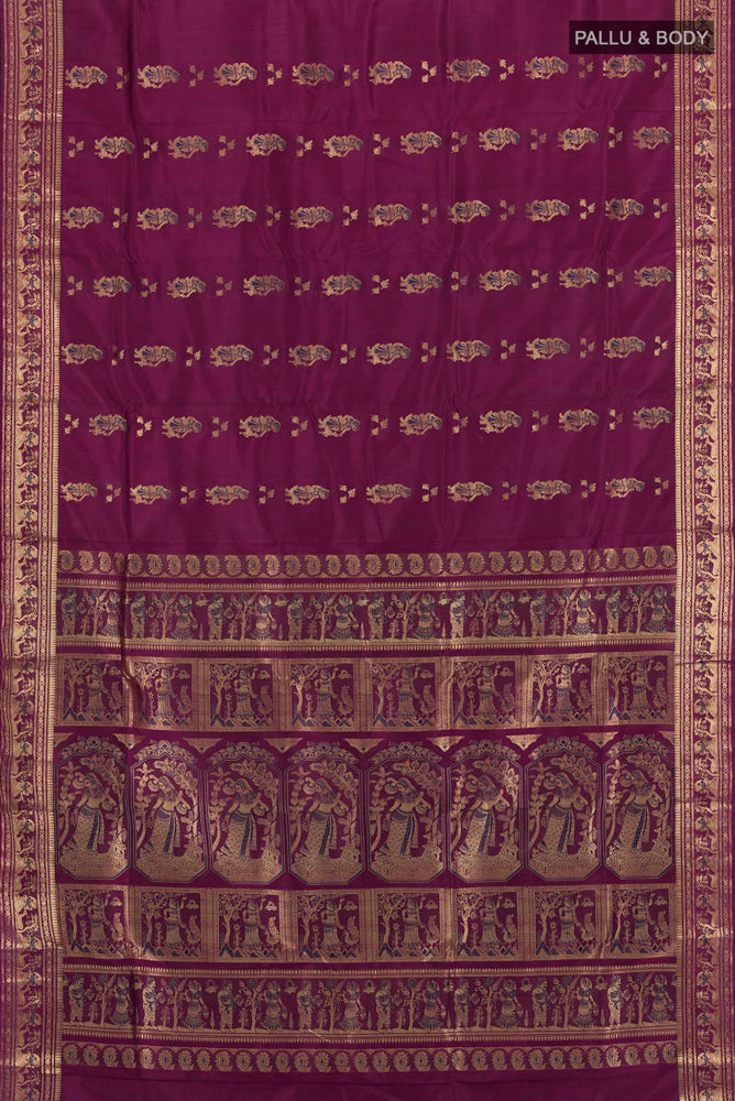 Flat view of Purple Baluchari Silk Saree with Zari Butta on the body and Silk Border. 
