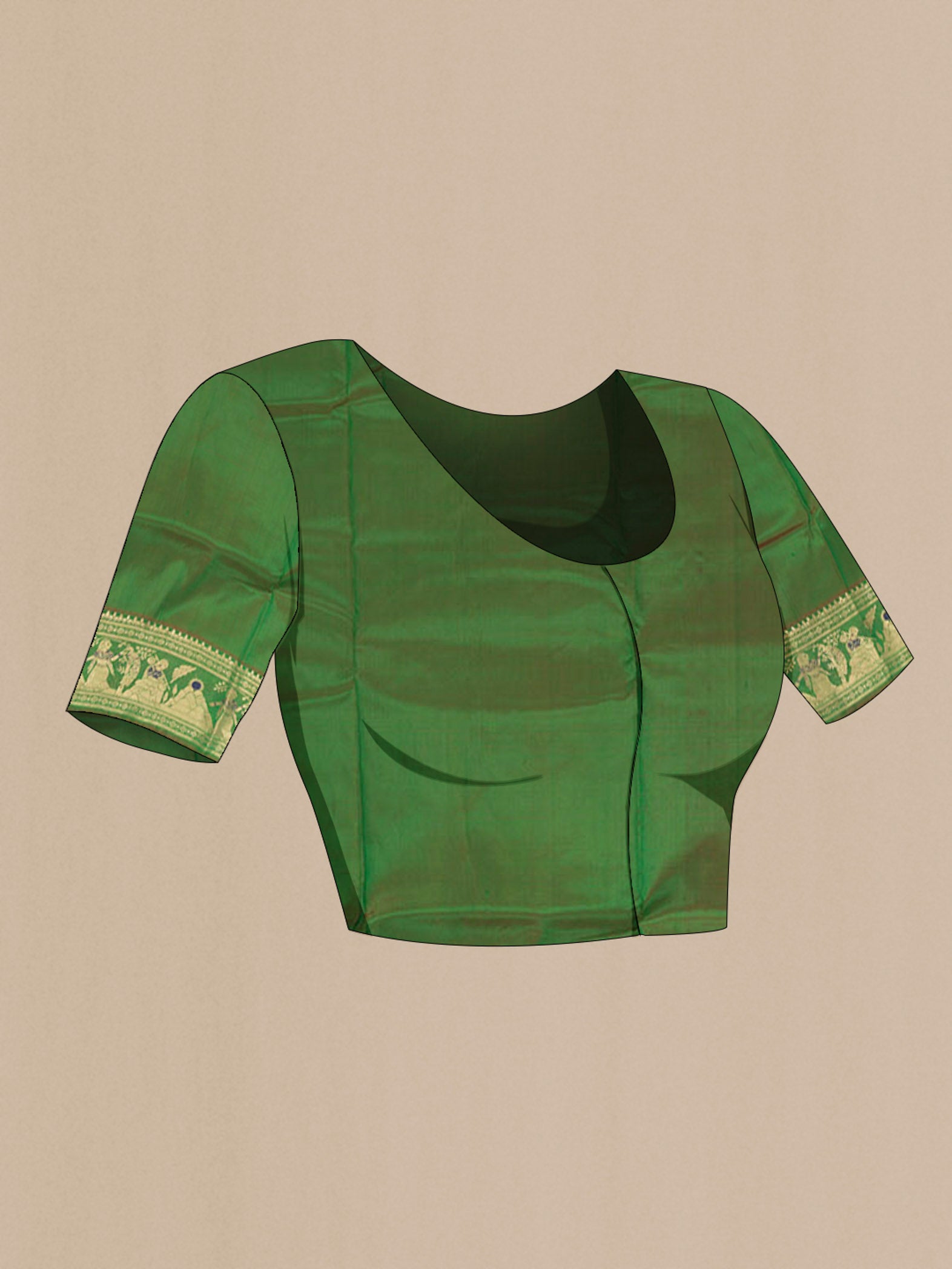 Close up image of the blouse of Mint Green Baluchari Silk Saree with Zari Butta on the body and Silk Border. 