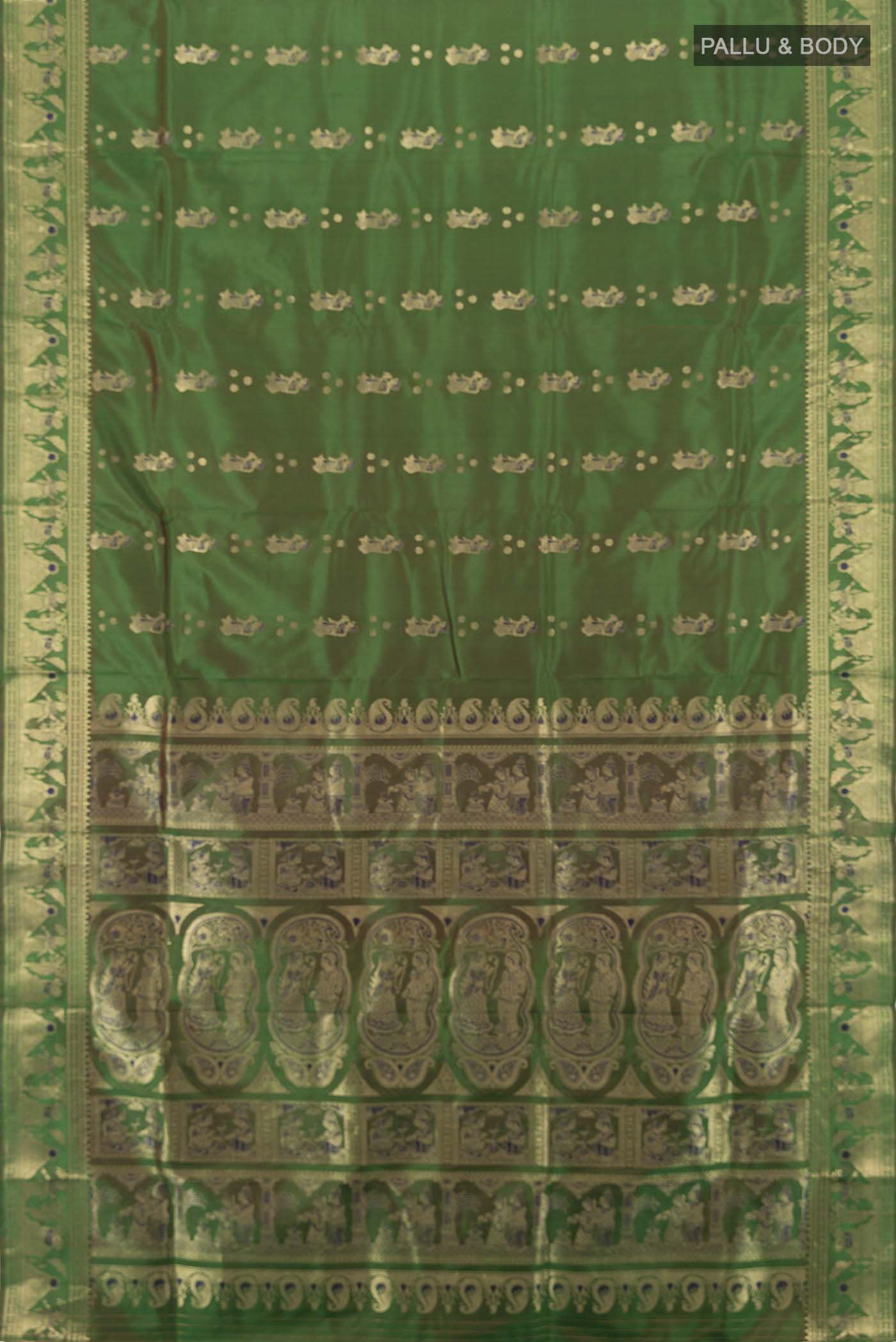 Flat view of Mint Green Baluchari Silk Saree with Zari Butta on the body and Silk Border. 