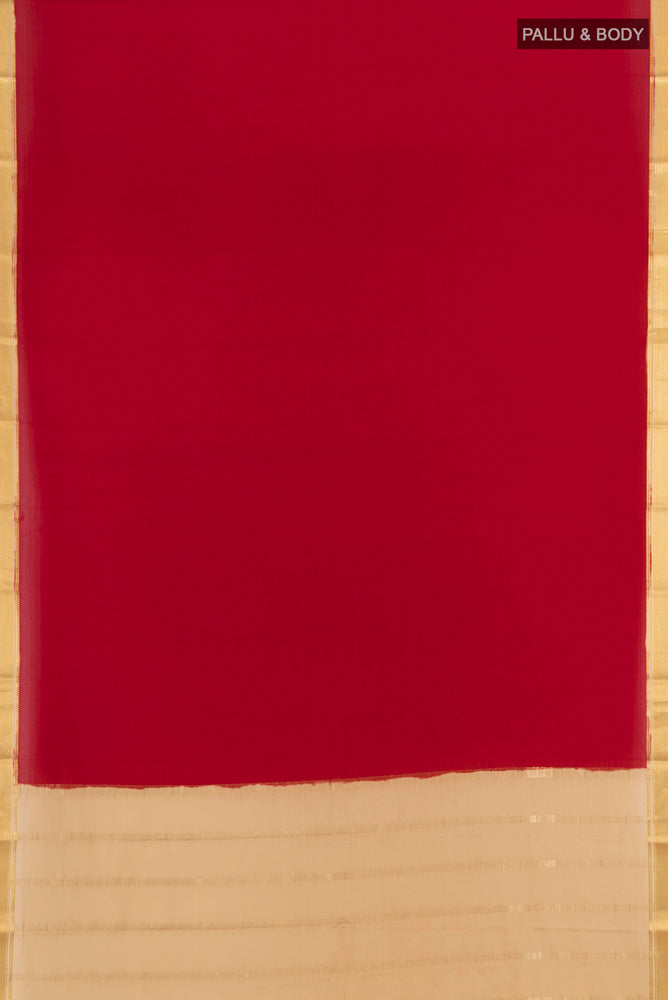 Flat view of Red Mysore Crepe Saree with Plain Body and Silk Border. 