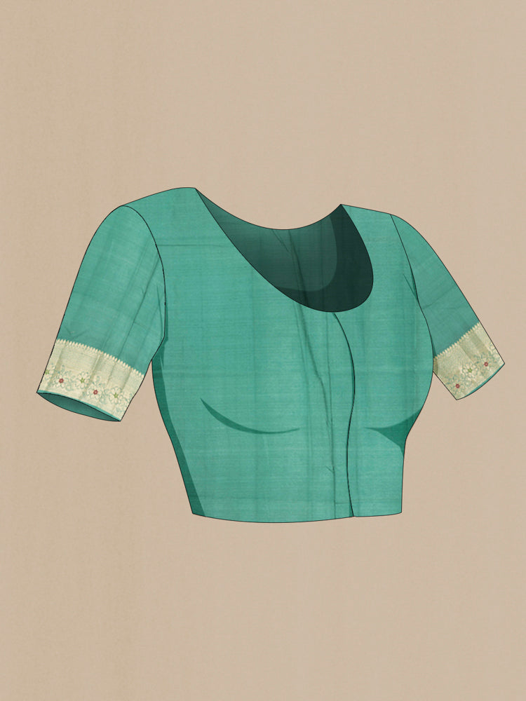 Close up image of the blouse of Pure Silk Pure Zari Olive Green Banarasi Raw Saree with Zari Butta on the body and Silk Border. 