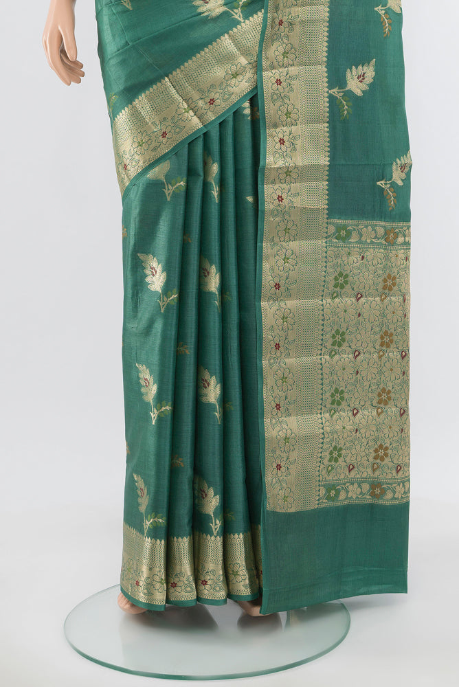 Pleats and pallu of Pure Silk Pure Zari Olive Green Banarasi Raw Saree with Zari Butta on the body and Silk Border. 