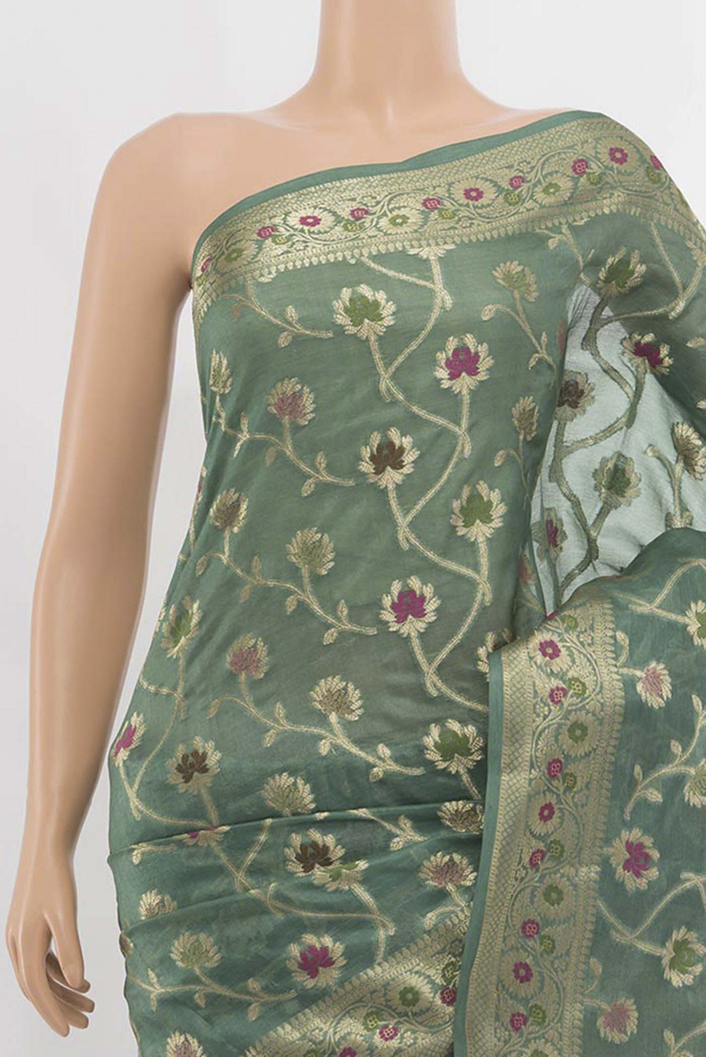 Border image of Light Green Banarasi Raw Silk Saree with Zari Butta on the body and Silk Border. 