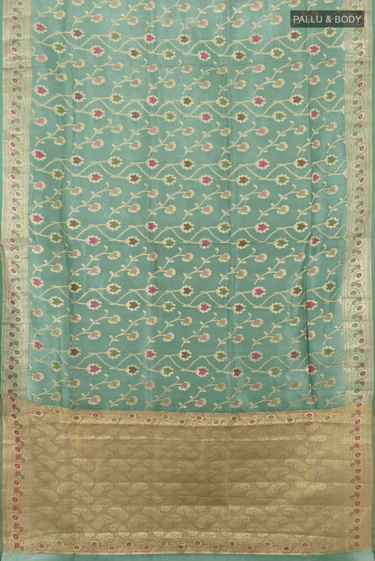 Flat view of Light Green Banarasi Raw Silk Saree with Zari Butta on the body and Silk Border. 
