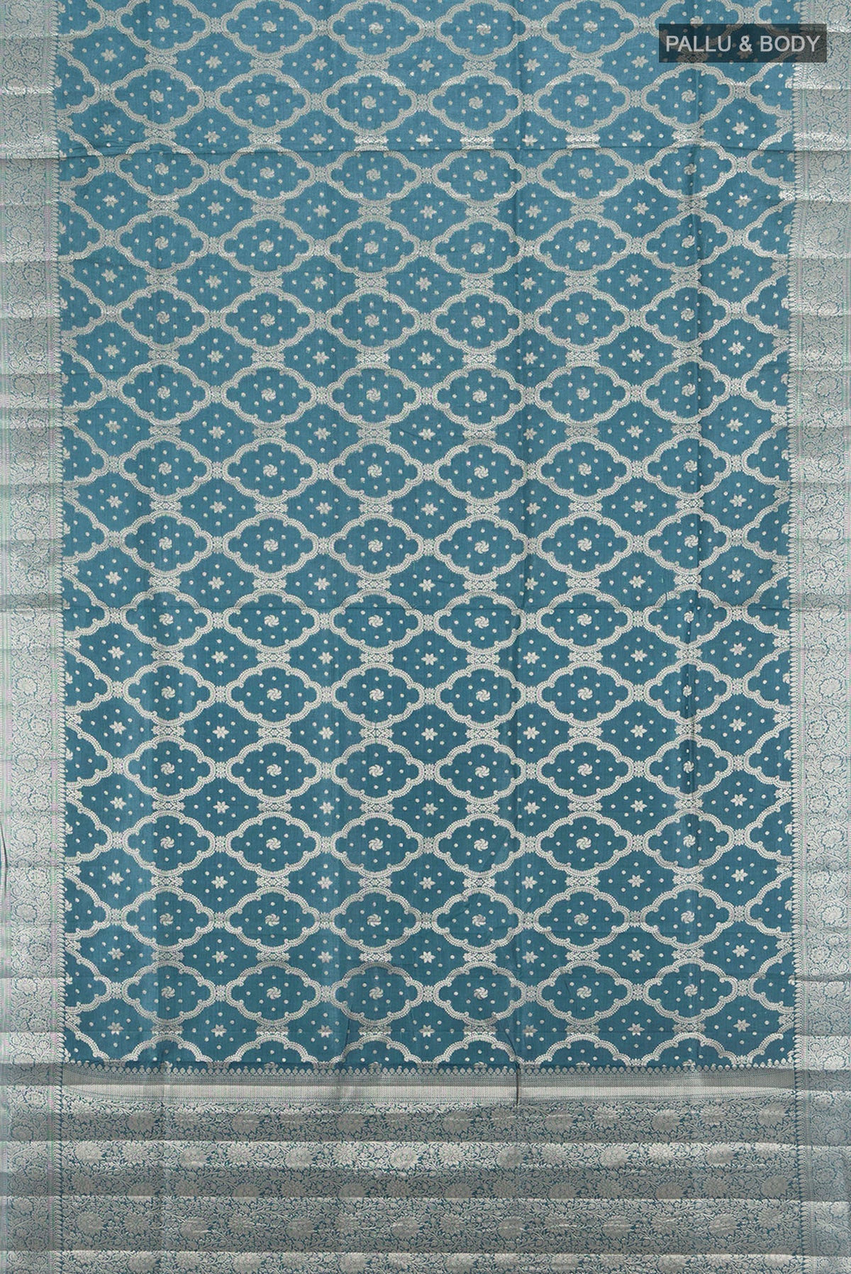 Flat view of Davys Grey Banarasi Raw Silk Saree with Zari Butta on the body and Silk Border. 