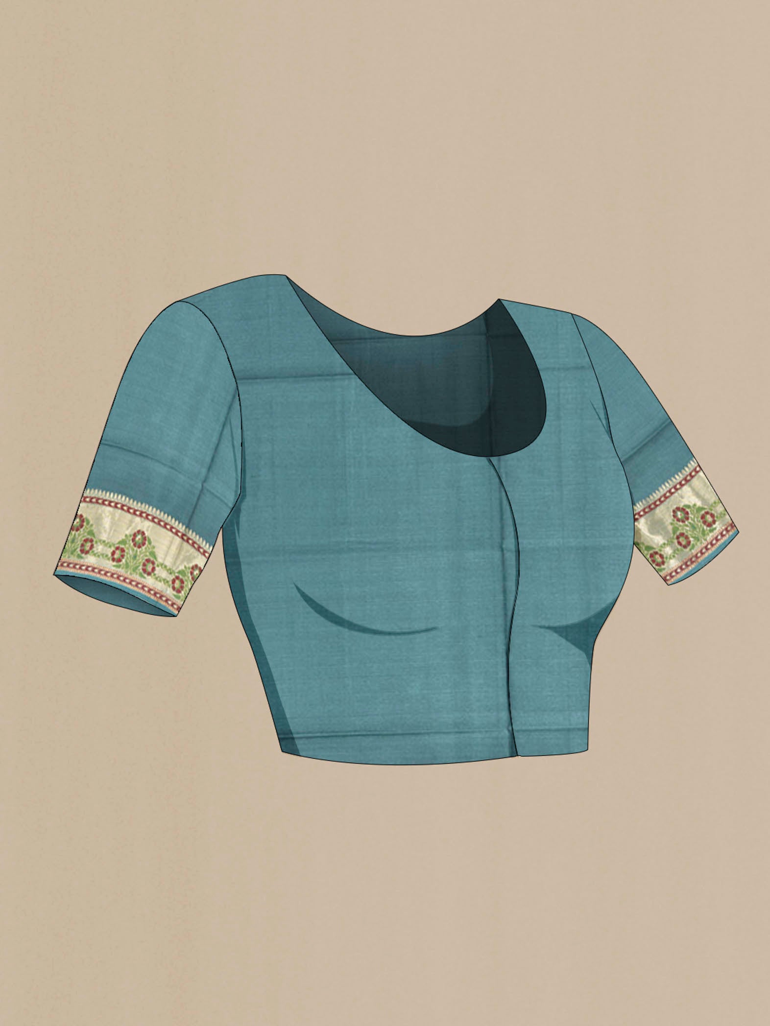 Close up image of the blouse of Light Blue Banarasi Raw Silk Saree with Zari Butta on the body and Silk Border