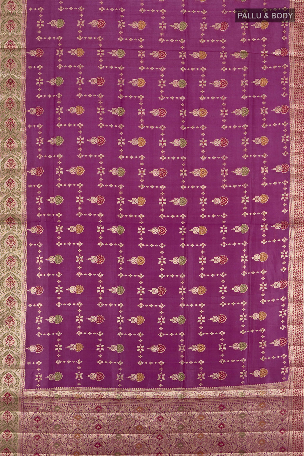 Flat view of Purple Banarasi Tussar Silk Saree with Zari And Thread Butta on the body and Zari Border. 