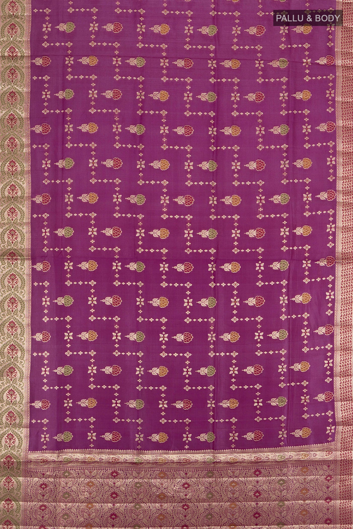Flat view of Purple Banarasi Tussar Silk Saree with Zari And Thread Butta on the body and Zari Border. 