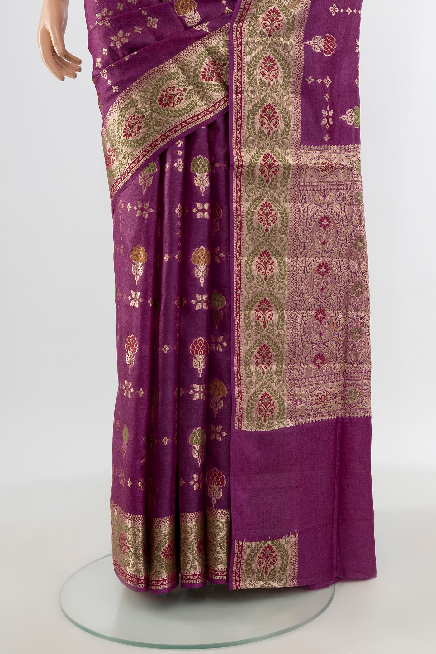 Pleats and pallu of Purple Banarasi Tussar Silk Saree with Zari And Thread Butta on the body and Zari Border. 