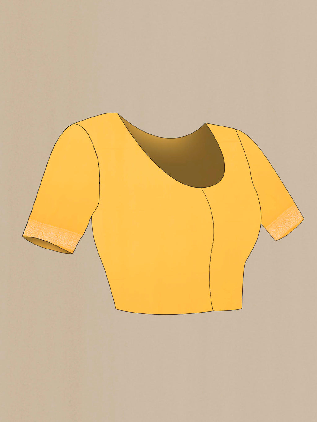 Close up image of the blouse of Yellow Banarasi Georgette Saree with Zari Butta on the body and Silk Border