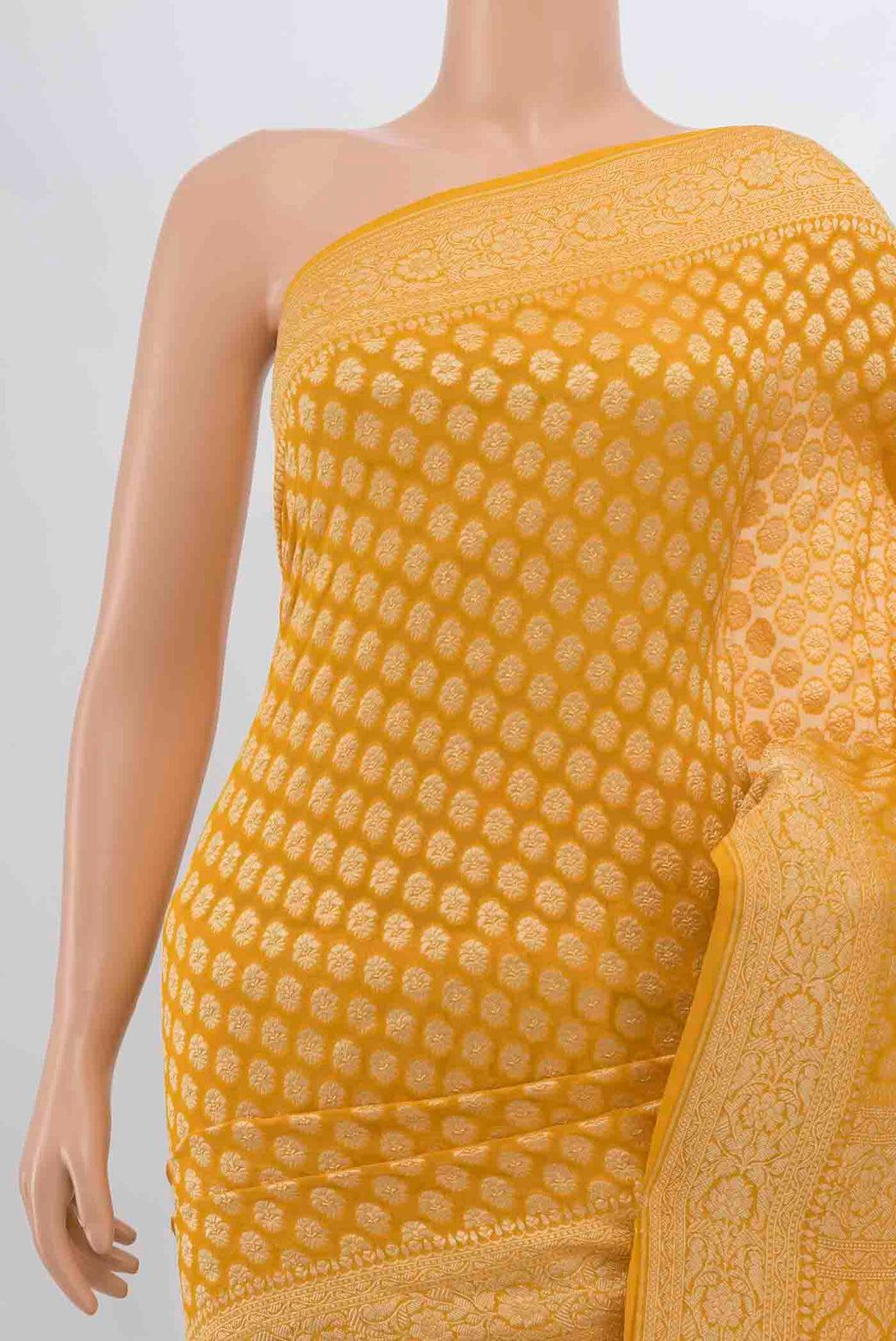 Border image of Yellow Banarasi Georgette Saree with Zari Butta on the body and Silk Border