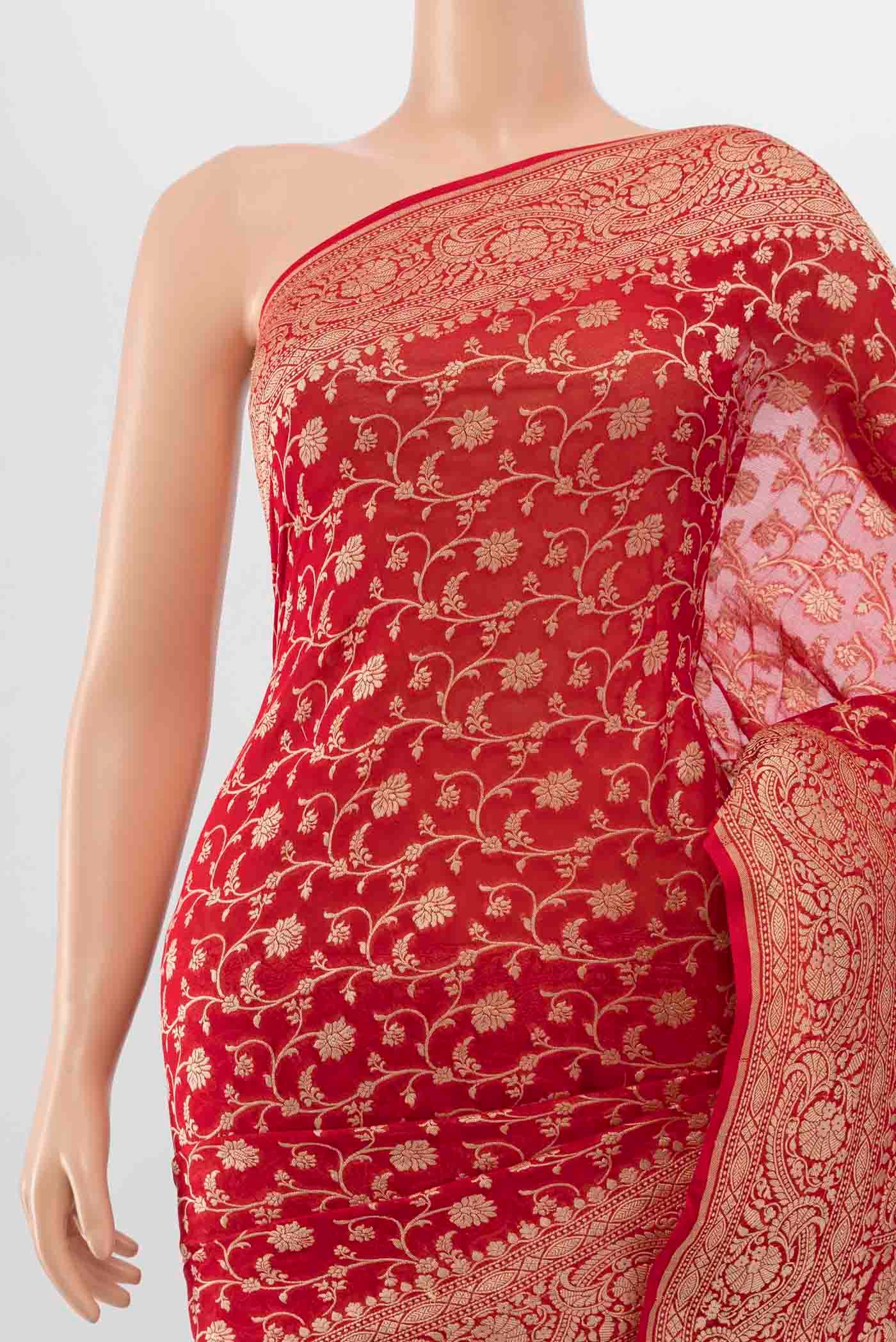 Border image of Red Banarasi Georgette Saree with Zari Brocade on the body and Zari Border