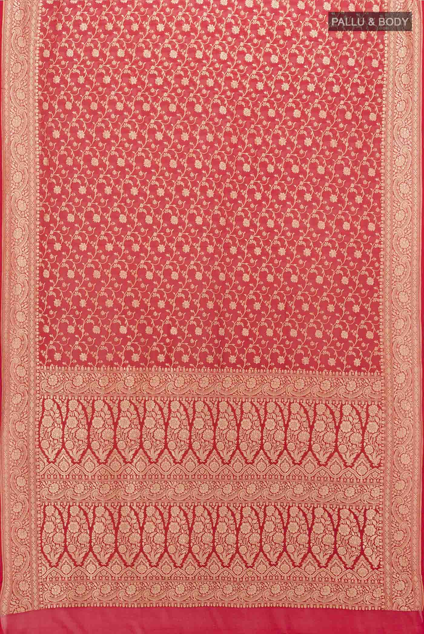 Flat view of Red Banarasi Georgette Saree with Zari Brocade on the body and Zari Border