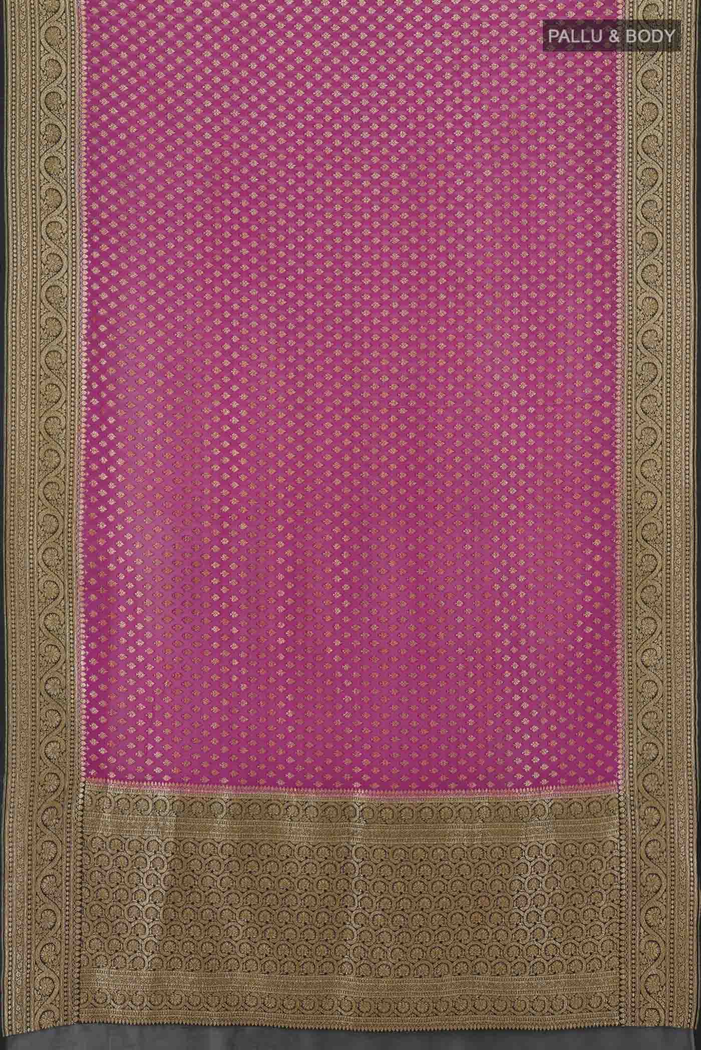 Flat view of Purple Banarasi Georgette Saree with Zari Butta on the body and Silk Border. 