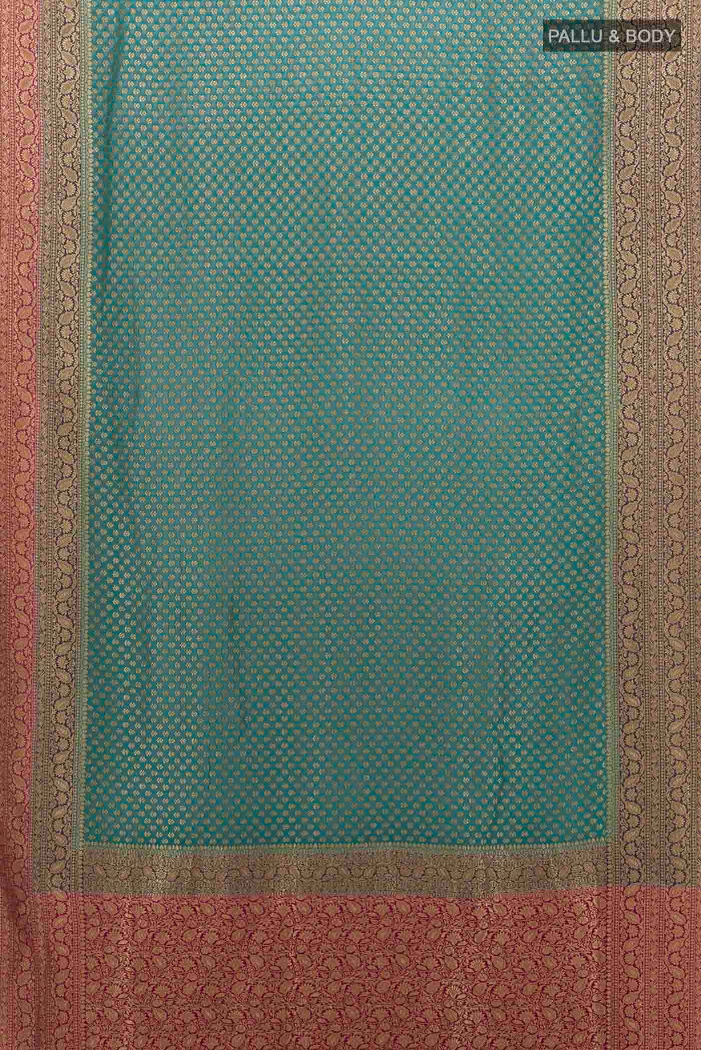 Flat view of Blue Banarasi Georgette Saree with Zari Brocade on the body and Zari Border
