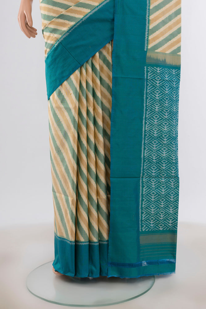 Pleats and pallu of Multi Color Pochampally Saree with Ikat Print on the body and Silk Border. 