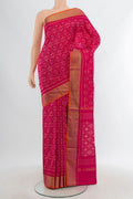 Dark Pink Pochampally Silk Saree with Pure Ikat on the body and Zari Border.  displayed on a mannequin