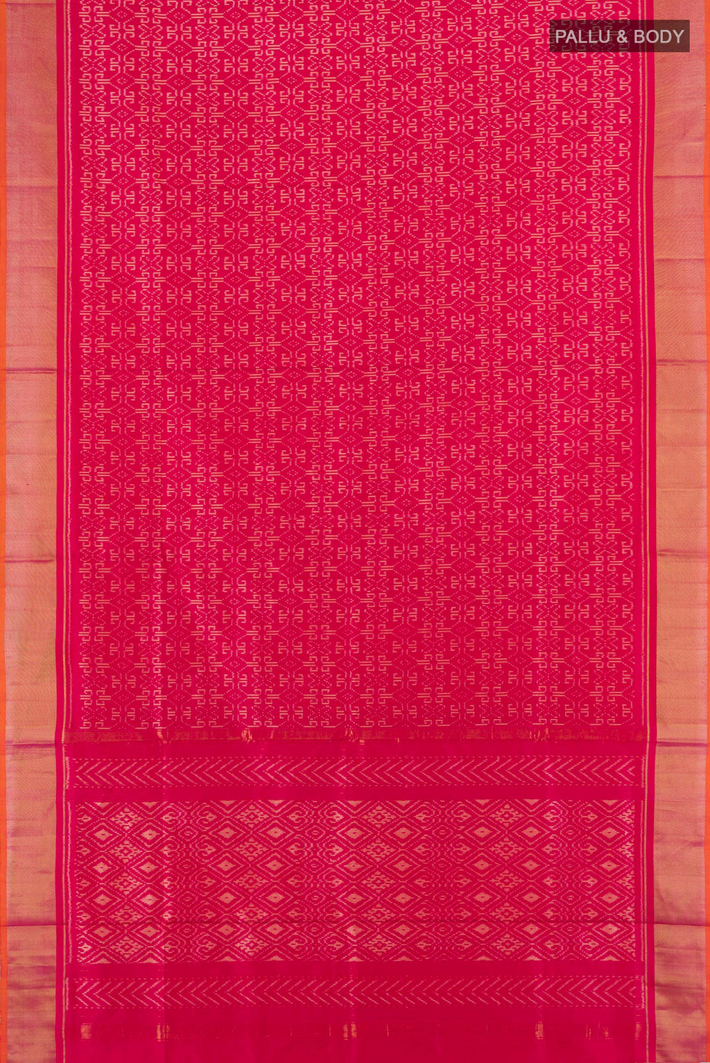 Flat view of Dark Pink Pochampally Silk Saree with Pure Ikat on the body and Zari Border. 