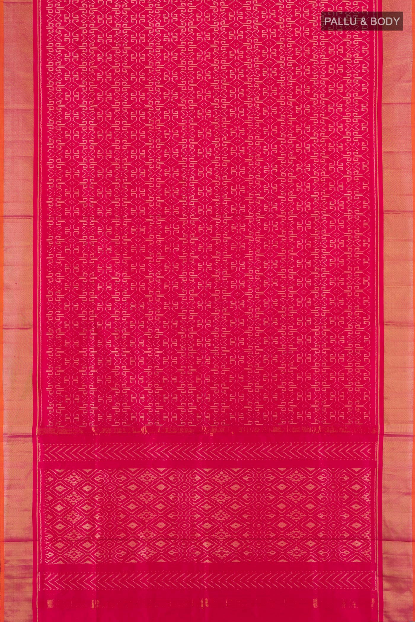 Flat view of Dark Pink Pochampally Silk Saree with Pure Ikat on the body and Zari Border. 