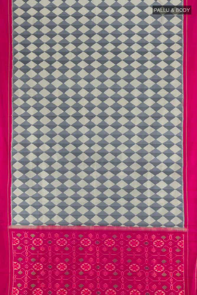 Flat view of Davys Grey Pochampally Saree with Ikat Print on the body and Silk Border. 