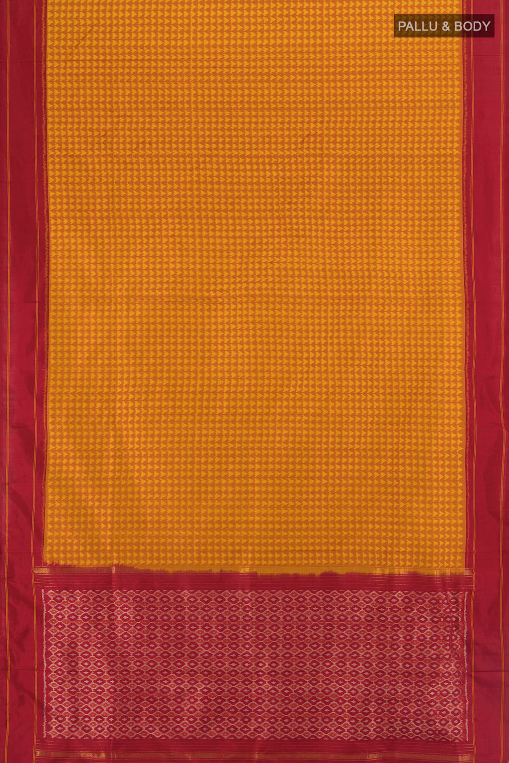 Flat view of Mustard Pochampally Silk Saree with Pure Ikat on the body and Plain Border. 