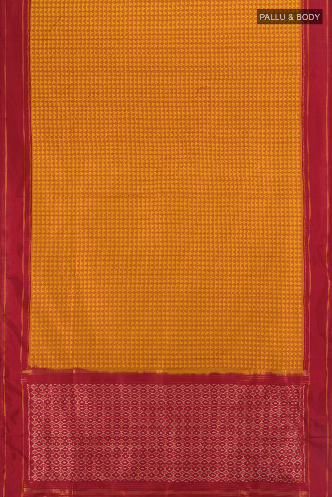 Flat view of Mustard Pochampally Silk Saree with Pure Ikat on the body and Plain Border. 