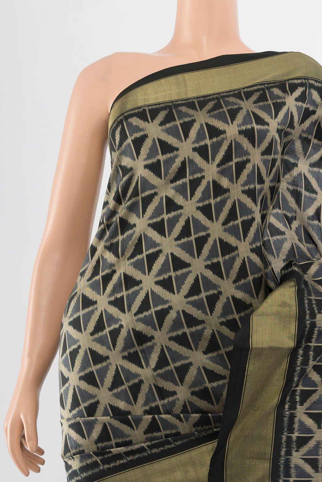 Border image of Black Pochampally Saree with Ikat Print on the body and Silk Border. 