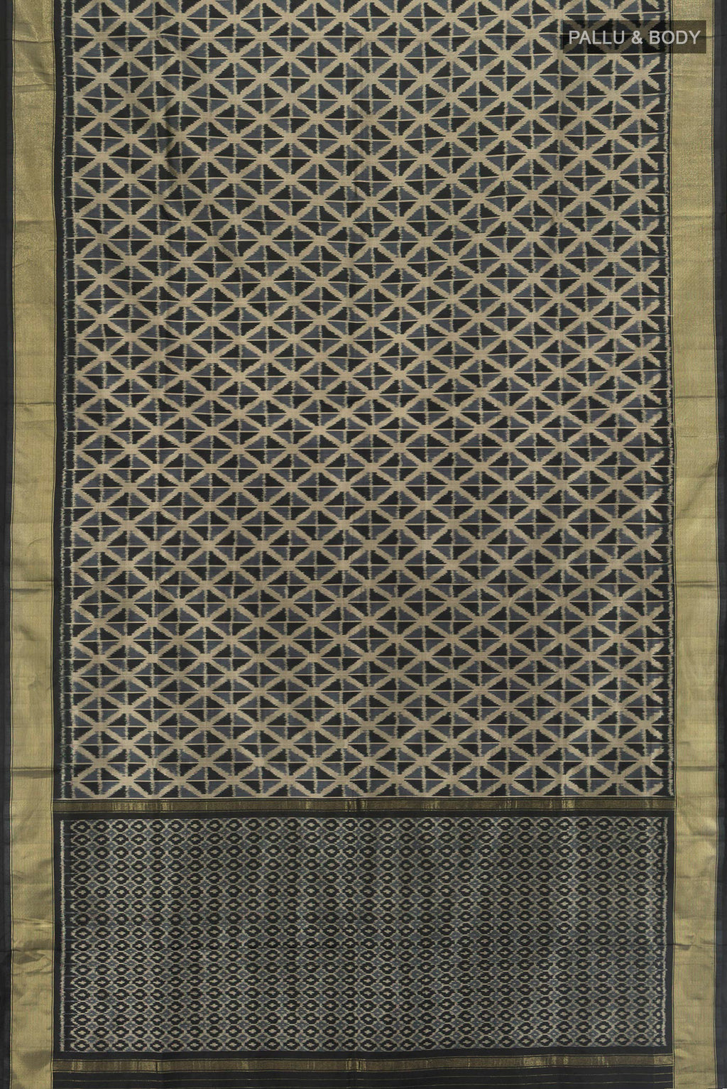 Flat view of Black Pochampally Saree with Ikat Print on the body and Silk Border. 