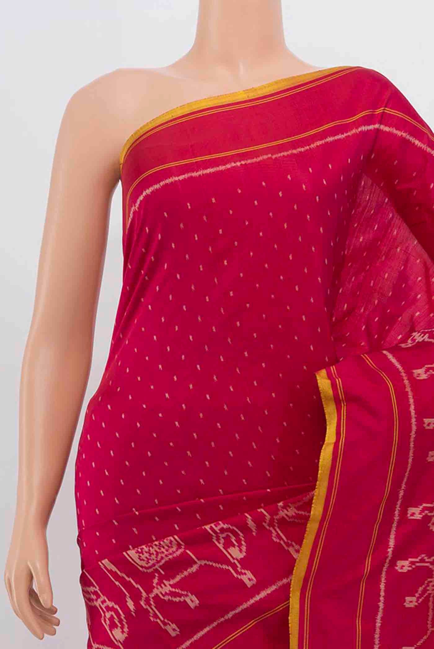 Border image of Rani Pink Pochampally Saree with Ikat Print on the body and Silk Border. 