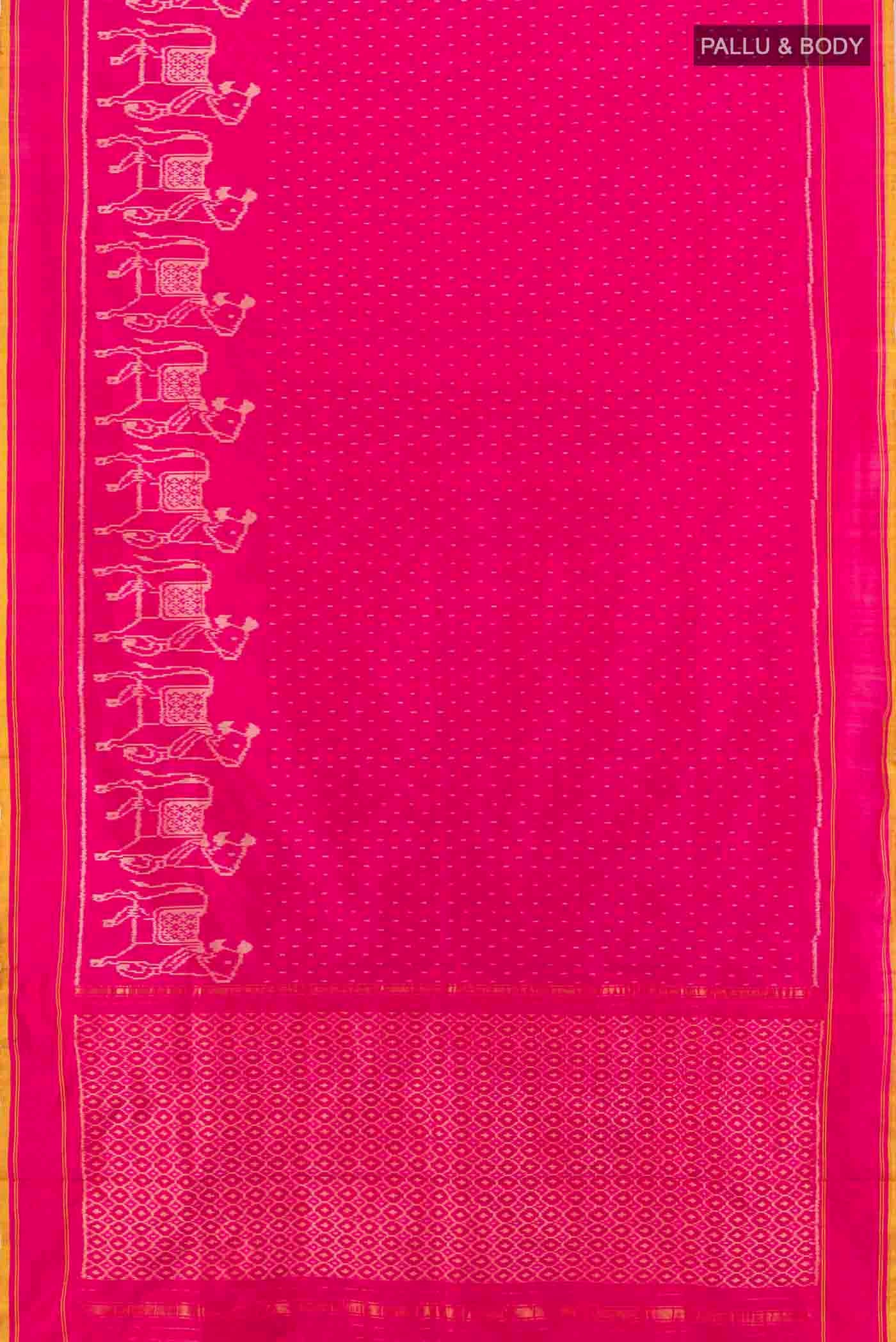 Flat view of Rani Pink Pochampally Saree with Ikat Print on the body and Silk Border. 