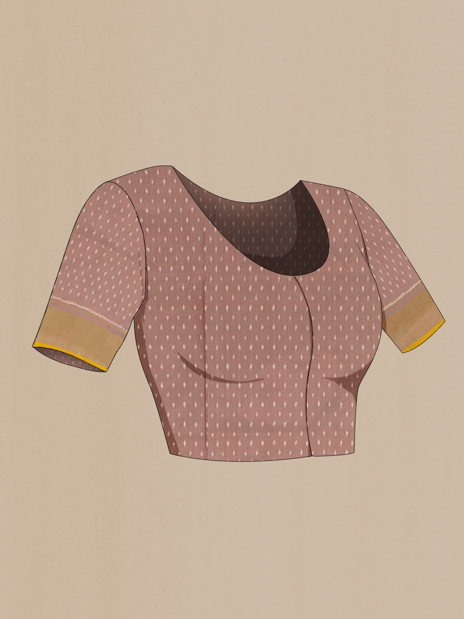 Close up image of the blouse of Mauve Pochampally Silk Saree with Pure Ikat on the body and Zari Border. 