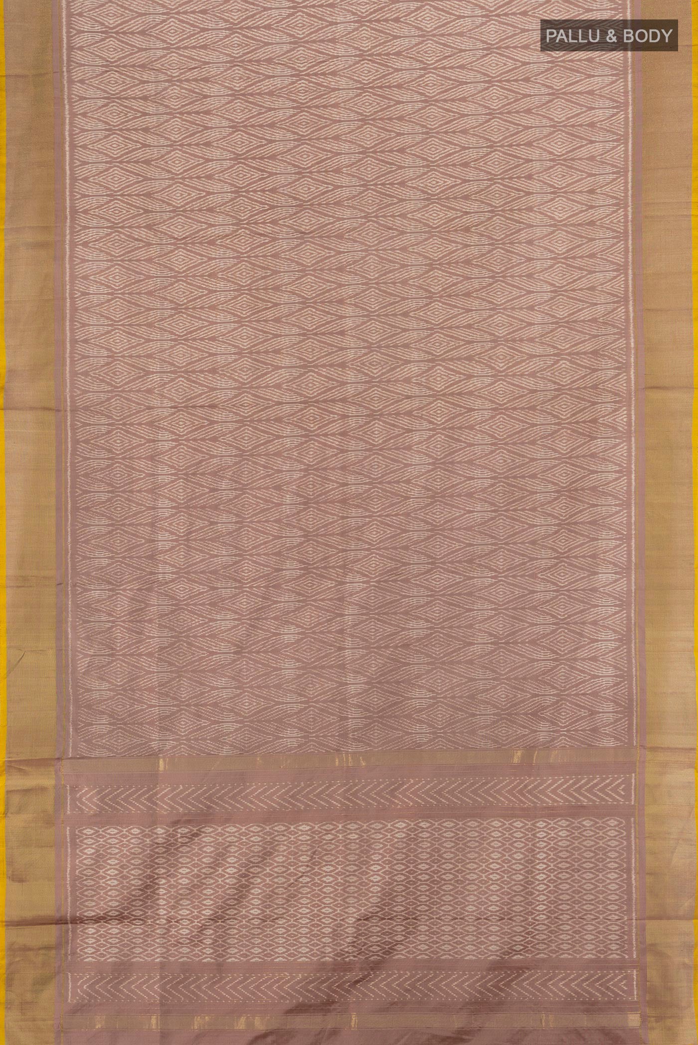 Flat view of Mauve Pochampally Silk Saree with Pure Ikat on the body and Zari Border. 