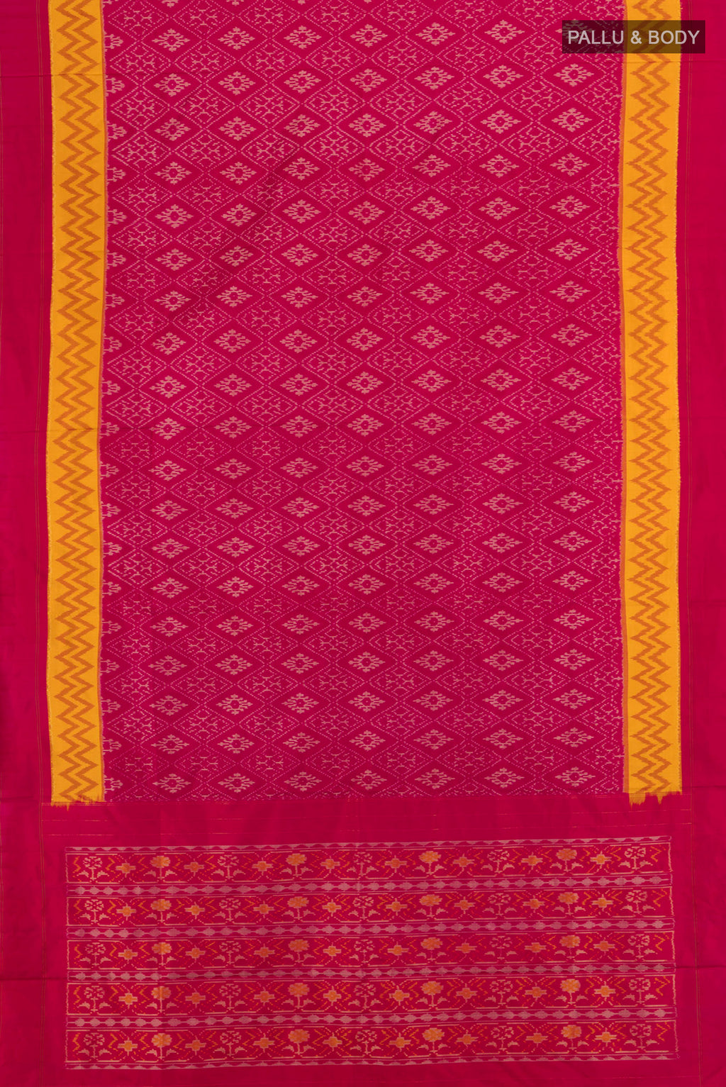 Flat view of Dark Pink Pochampally Saree with Ikat Print on the body and Silk Border. 