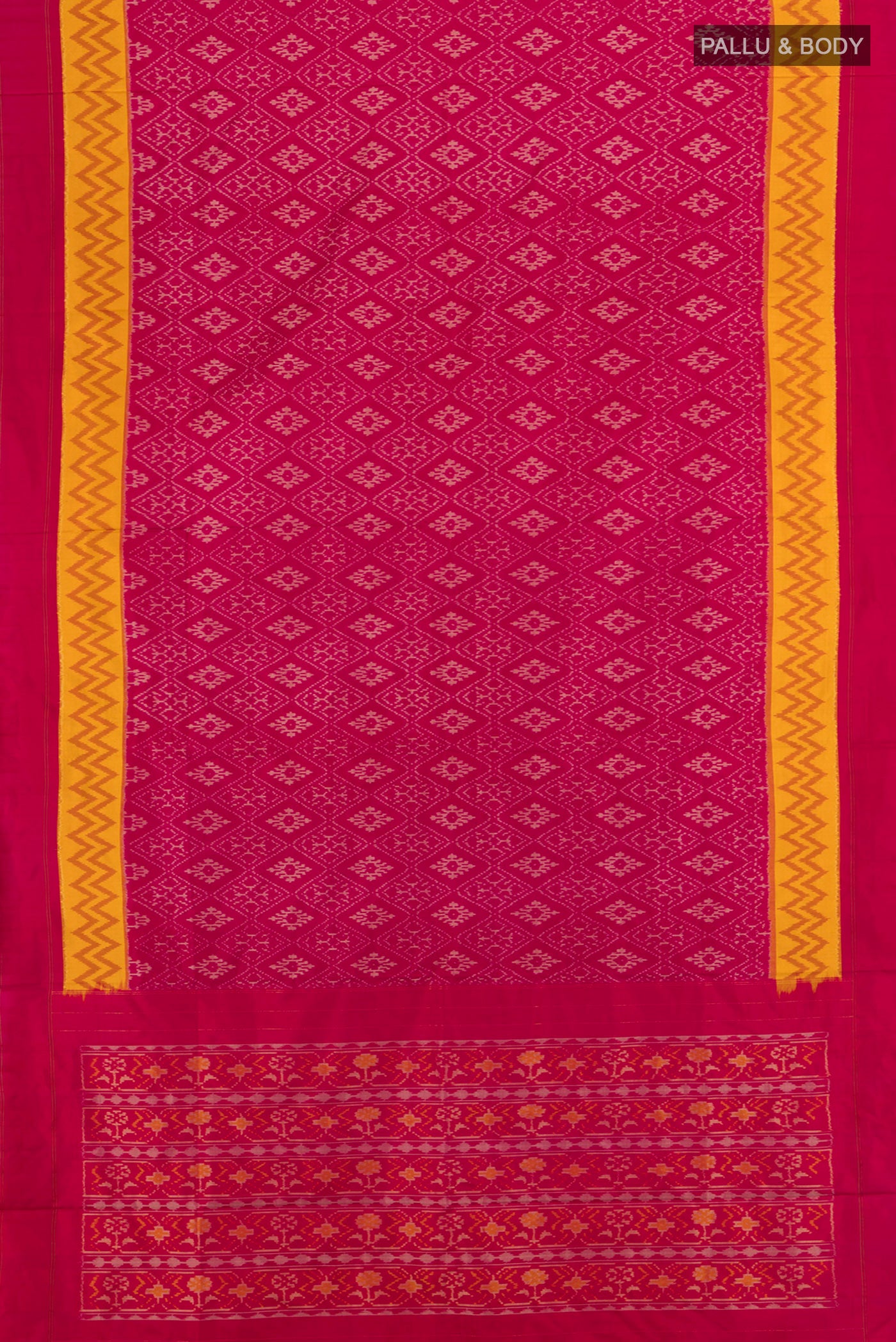 Flat view of Dark Pink Pochampally Saree with Ikat Print on the body and Silk Border. 