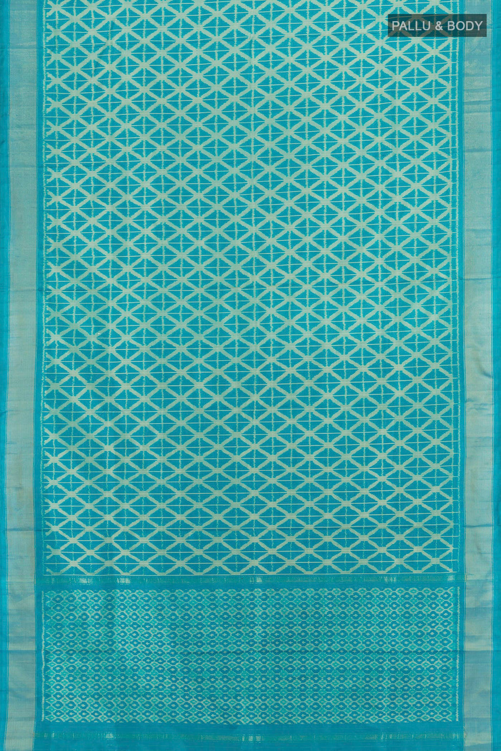 Flat view of Light Blue Pochampally Saree with Ikat Print on the body and Silk Border. 