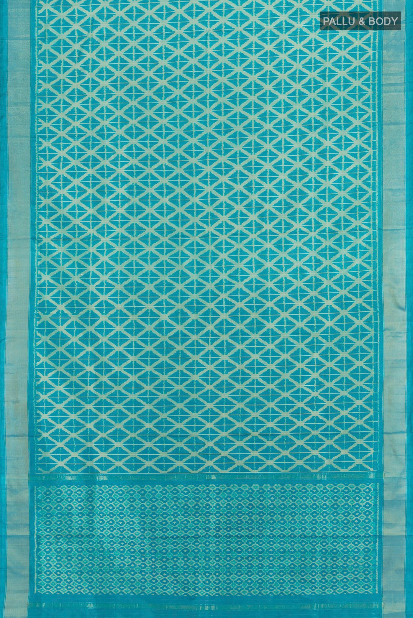 Flat view of Light Blue Pochampally Saree with Ikat Print on the body and Silk Border. 