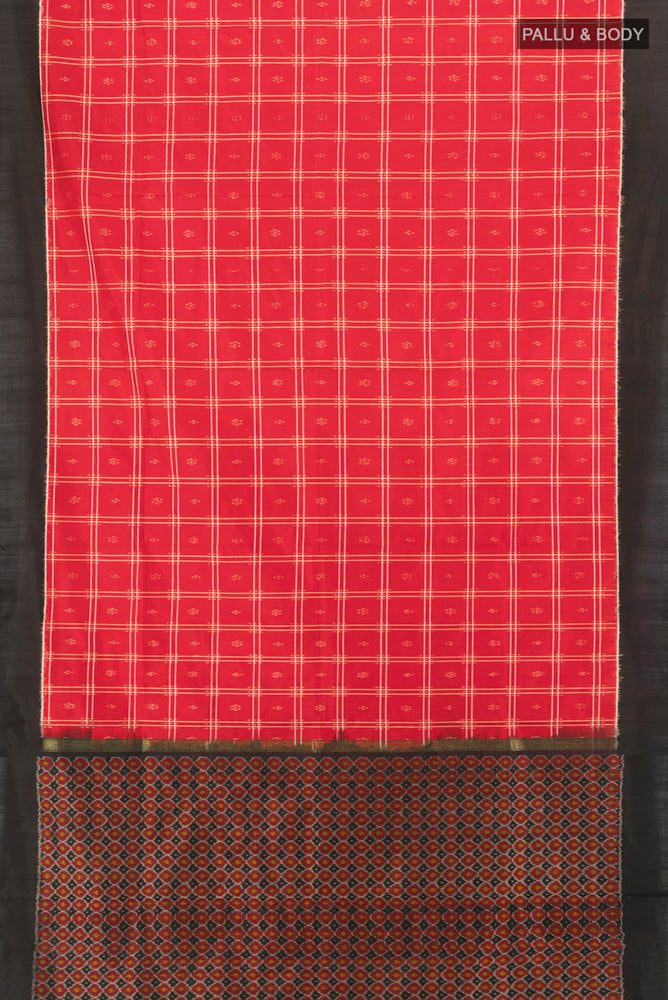 Flat view of Pure Silk Pure Zari Red Pochampally Saree with Ikat Print on the body and Silk Border. 