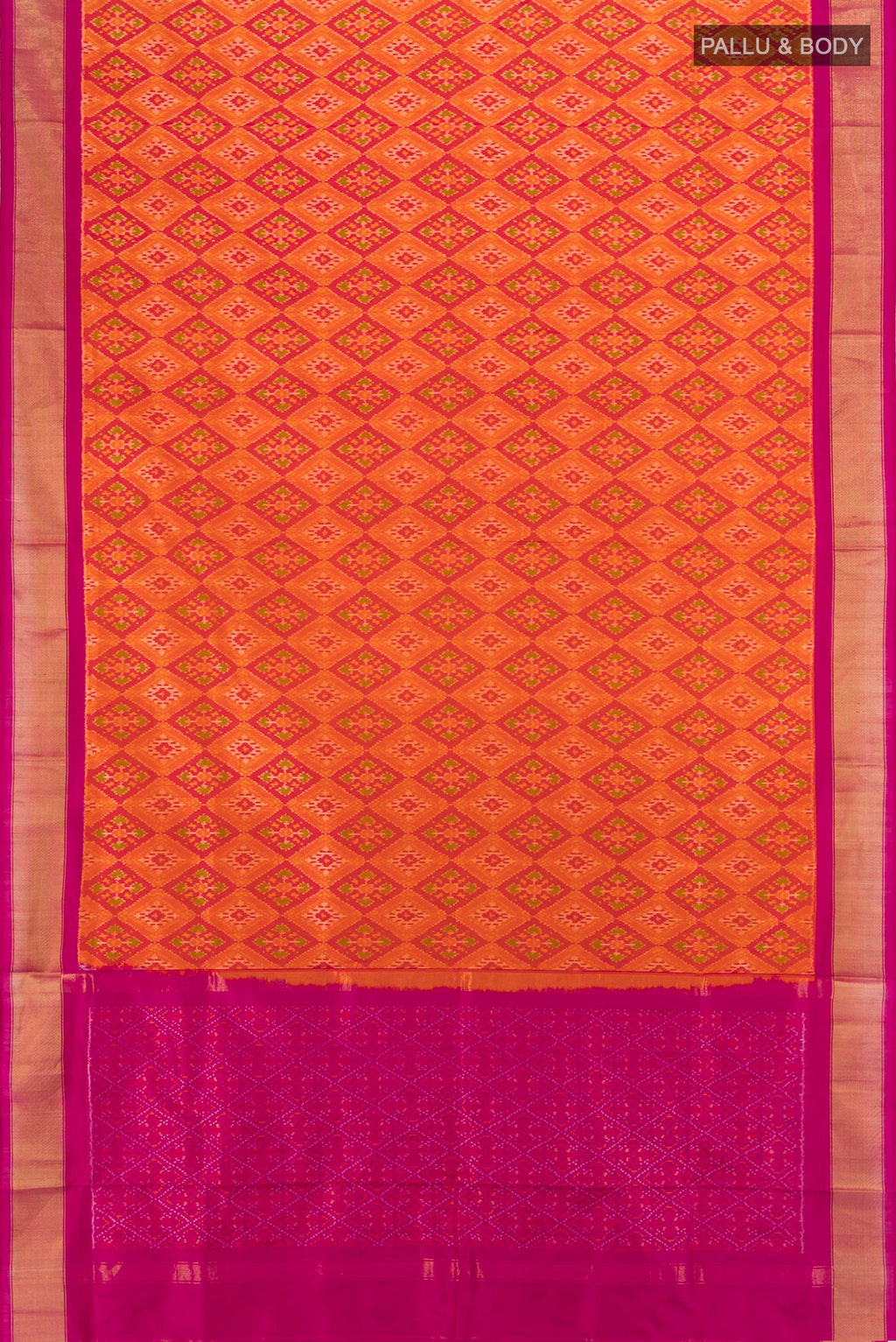 Flat view of Orange Pochampally Silk Saree with Pure Ikat on the body and Zari Border. 
