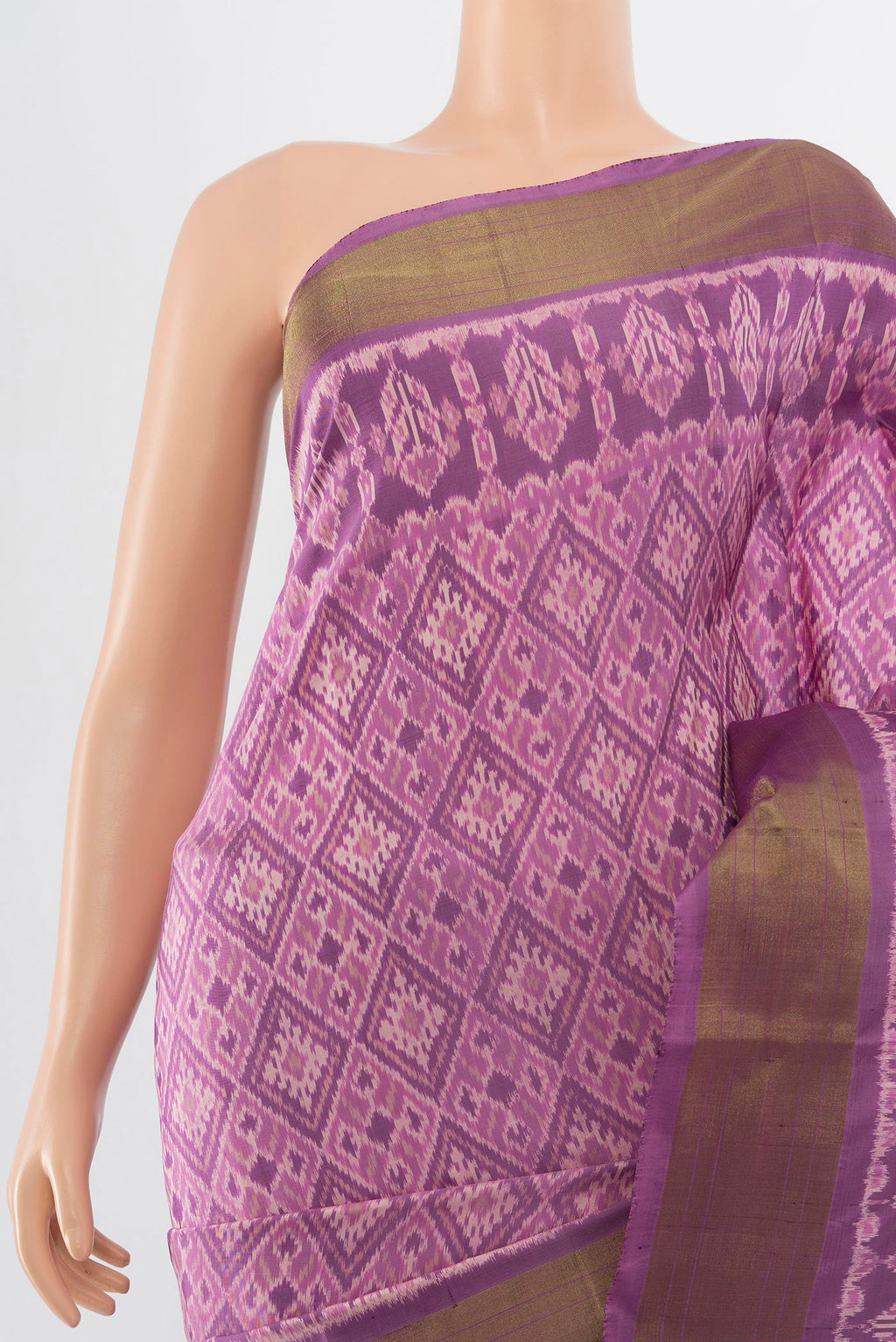 Border image of Lavender Pochampally Saree with Ikat Print on the body and Silk Border. 