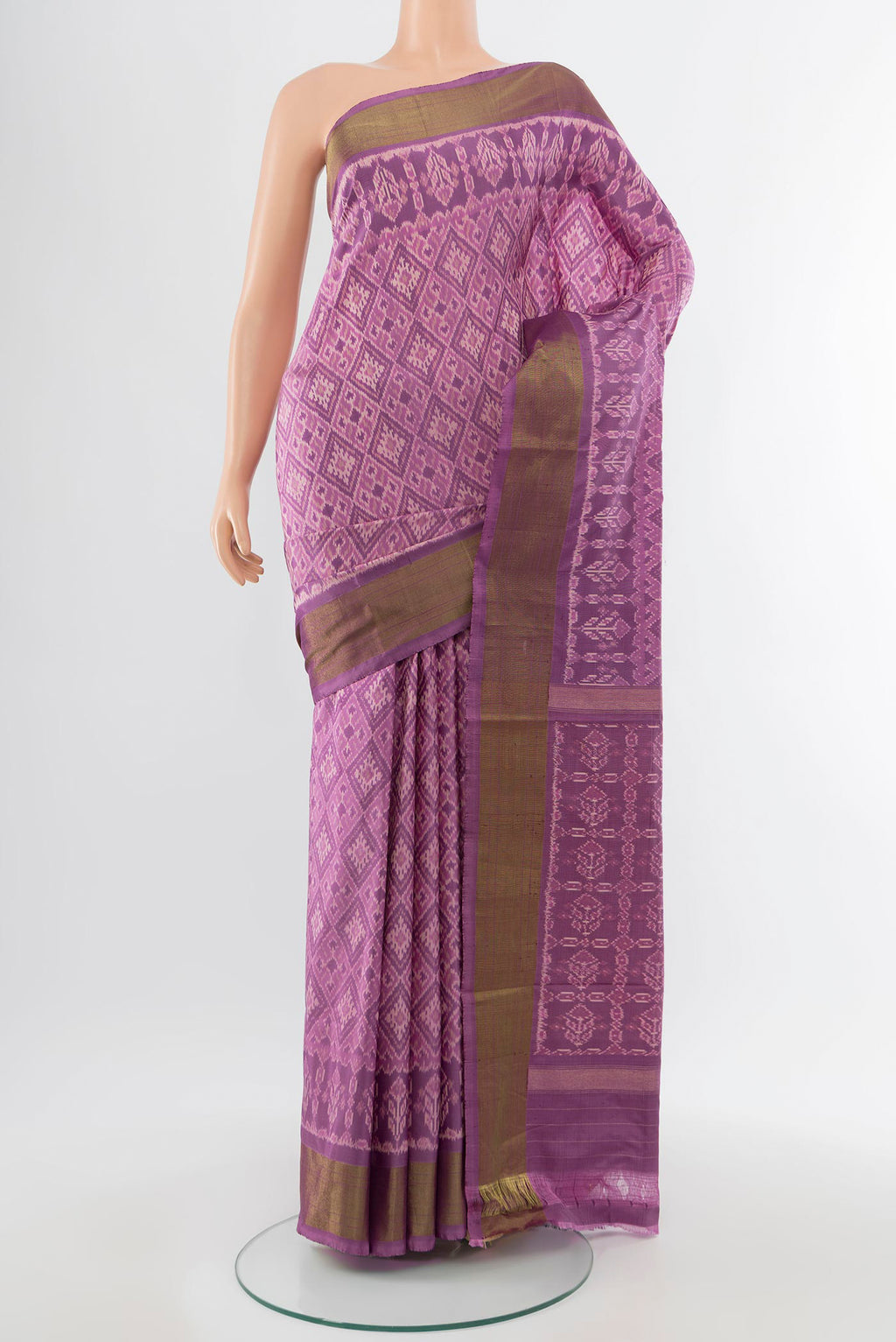 Lavender Pochampally Saree with Ikat Print on the body and Silk Border.  displayed on a mannequin