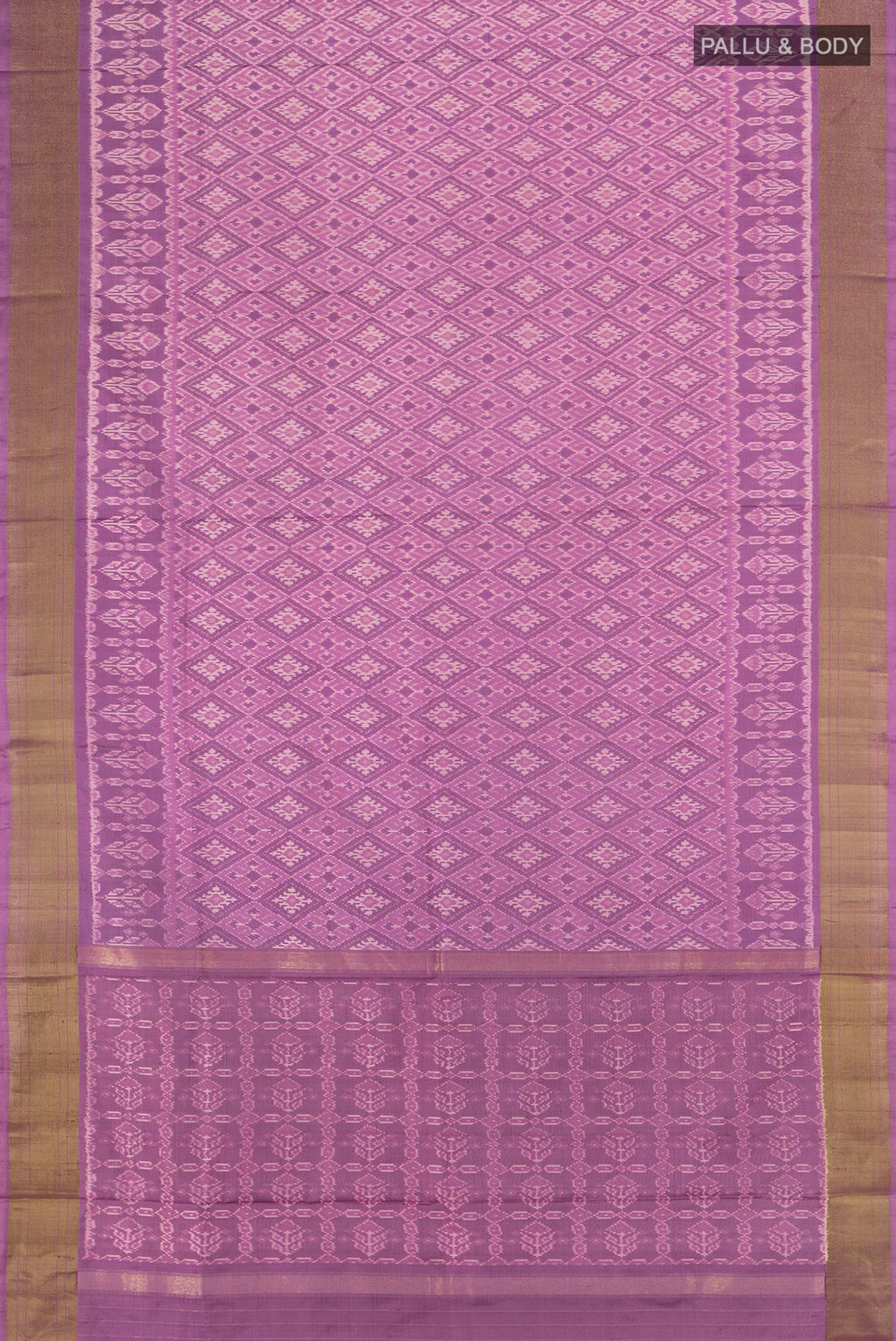 Flat view of Lavender Pochampally Saree with Ikat Print on the body and Silk Border. 