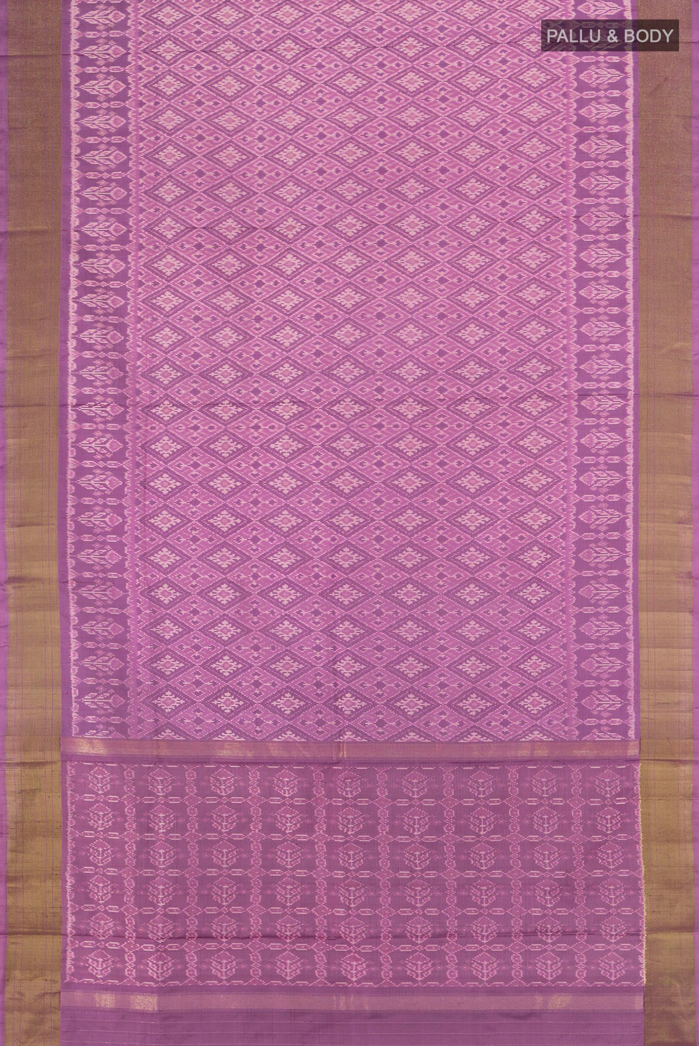 Flat view of Lavender Pochampally Saree with Ikat Print on the body and Silk Border. 