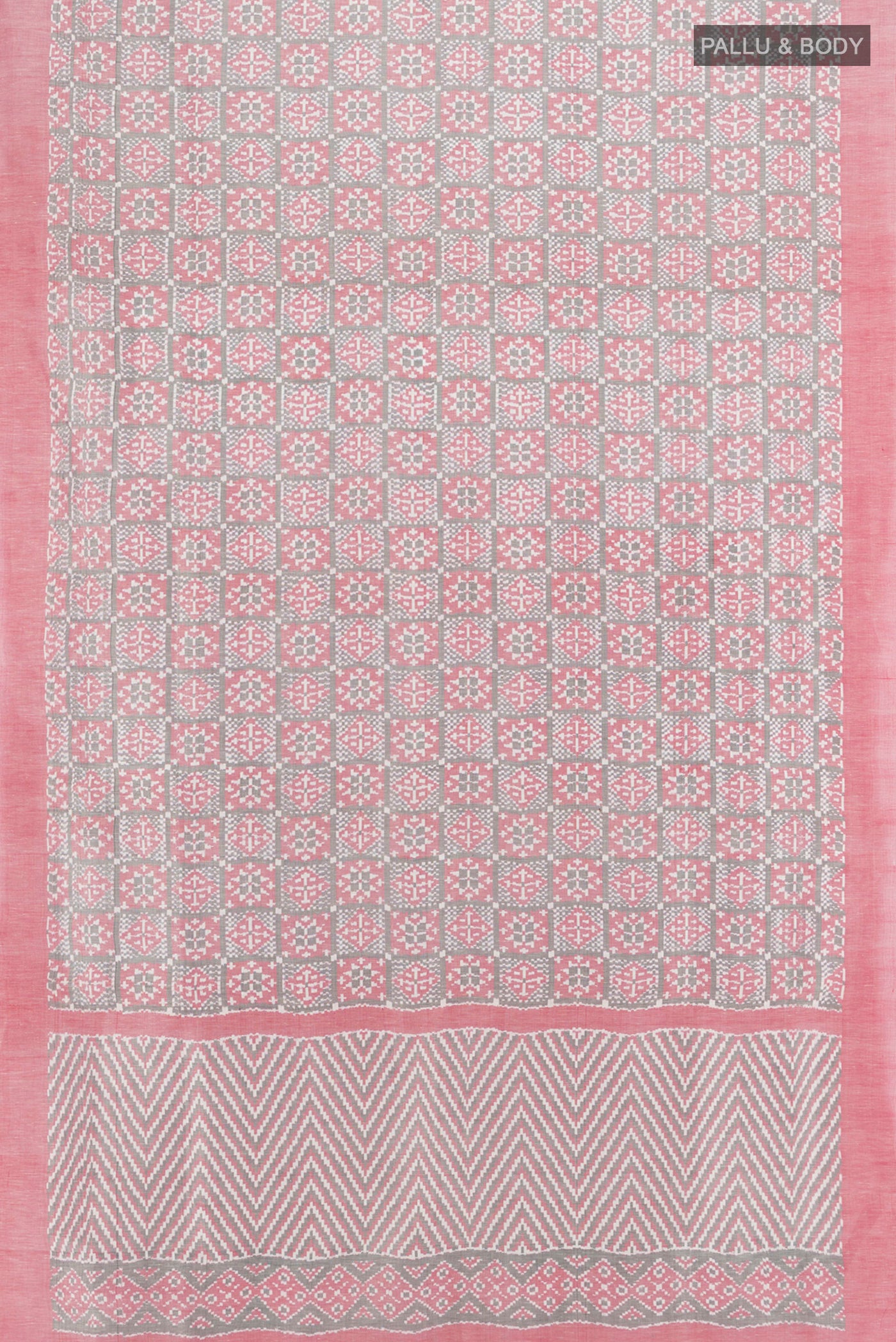 Flat view of Grey Pochampally Cotton Saree with Ikat Print on the body and Plain Border. 